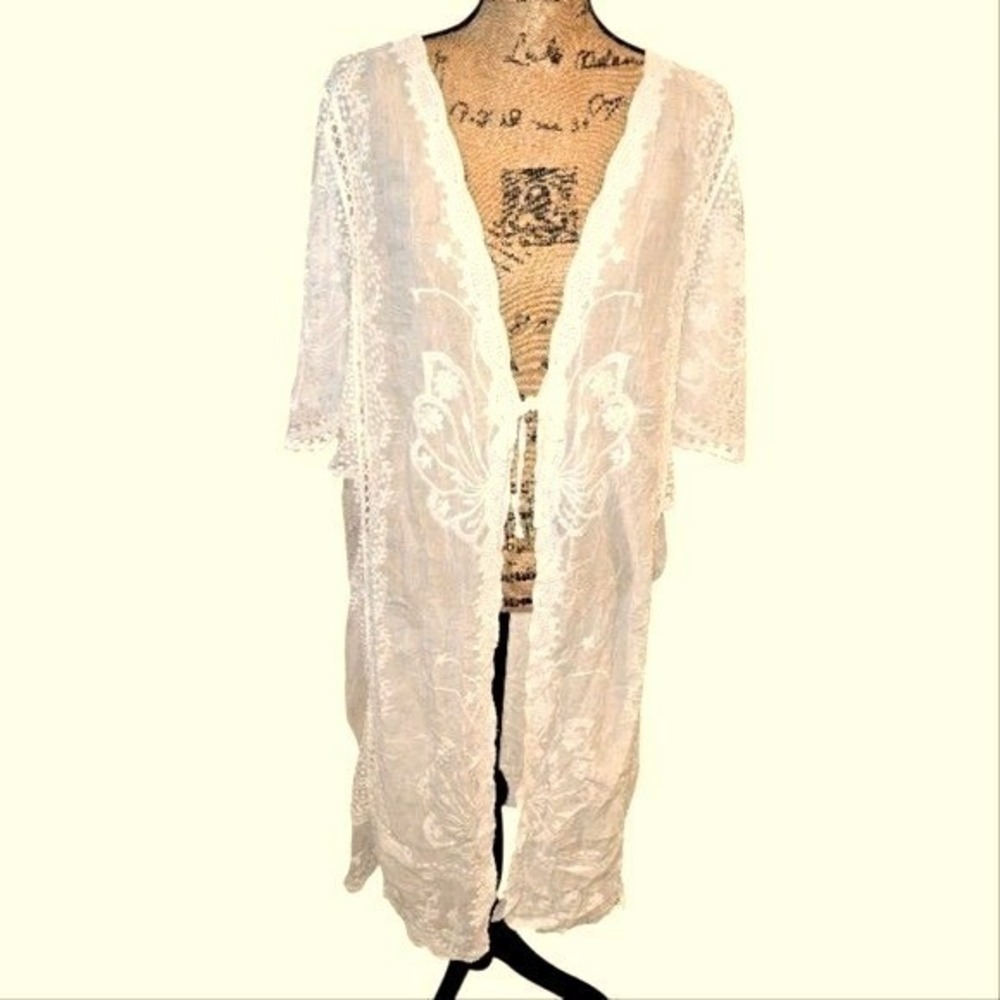 Kindred Cream Butterfly Embroidered Lace Trim Sheer Mesh Kimono Duster Robe 3X